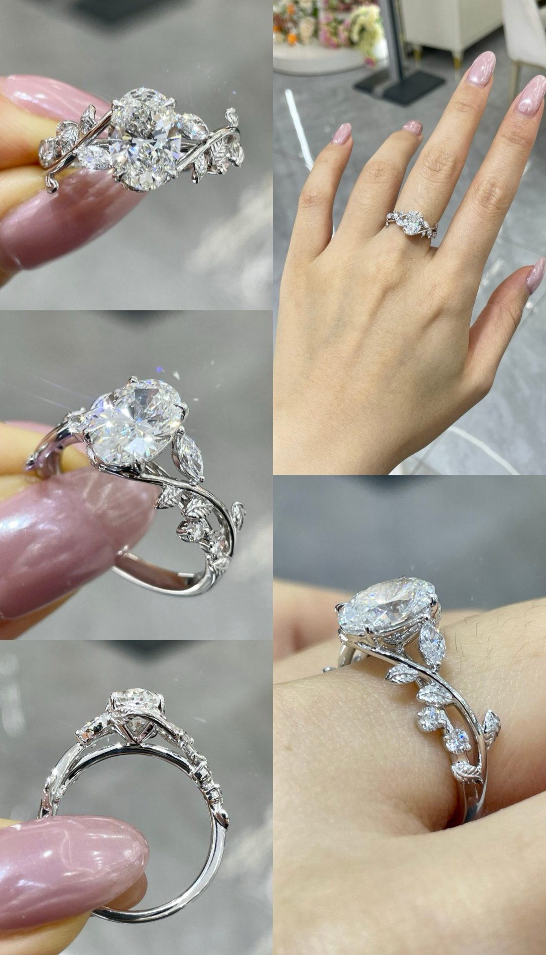 18K Gold Vine Motif Four-Prong Oval Diamond Ring