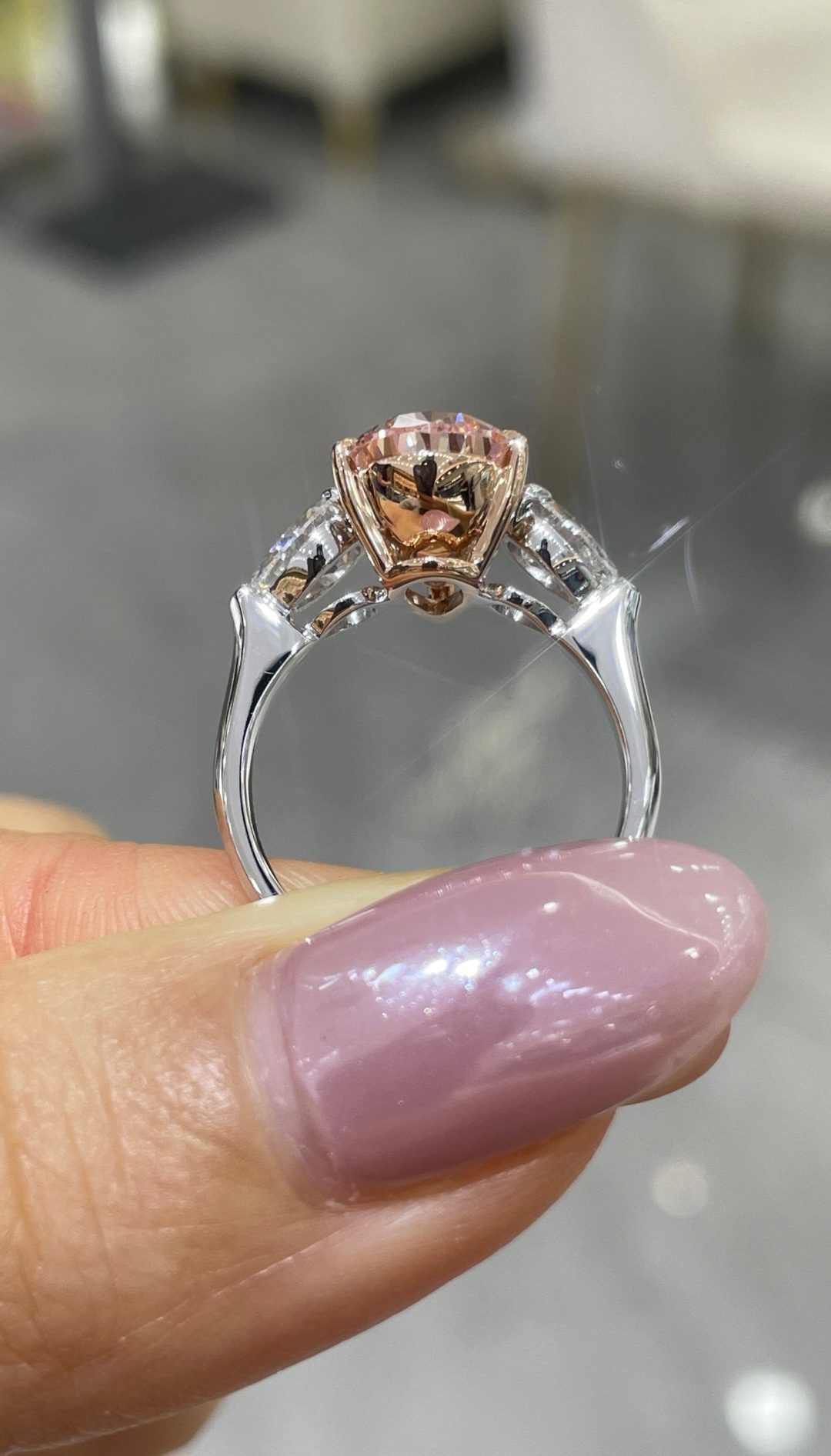Two-Tone 18K Rose and White Gold Three-Prong Pear Pink Diamond Ring