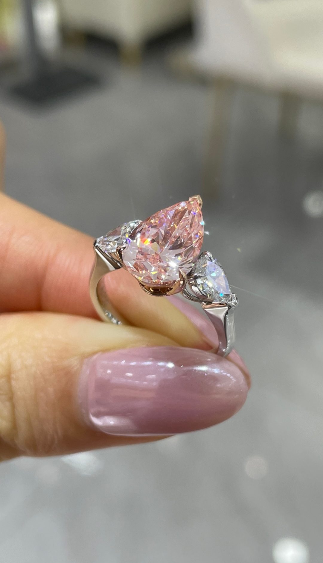 Two-Tone 18K Rose and White Gold Three-Prong Pear Pink Diamond Ring