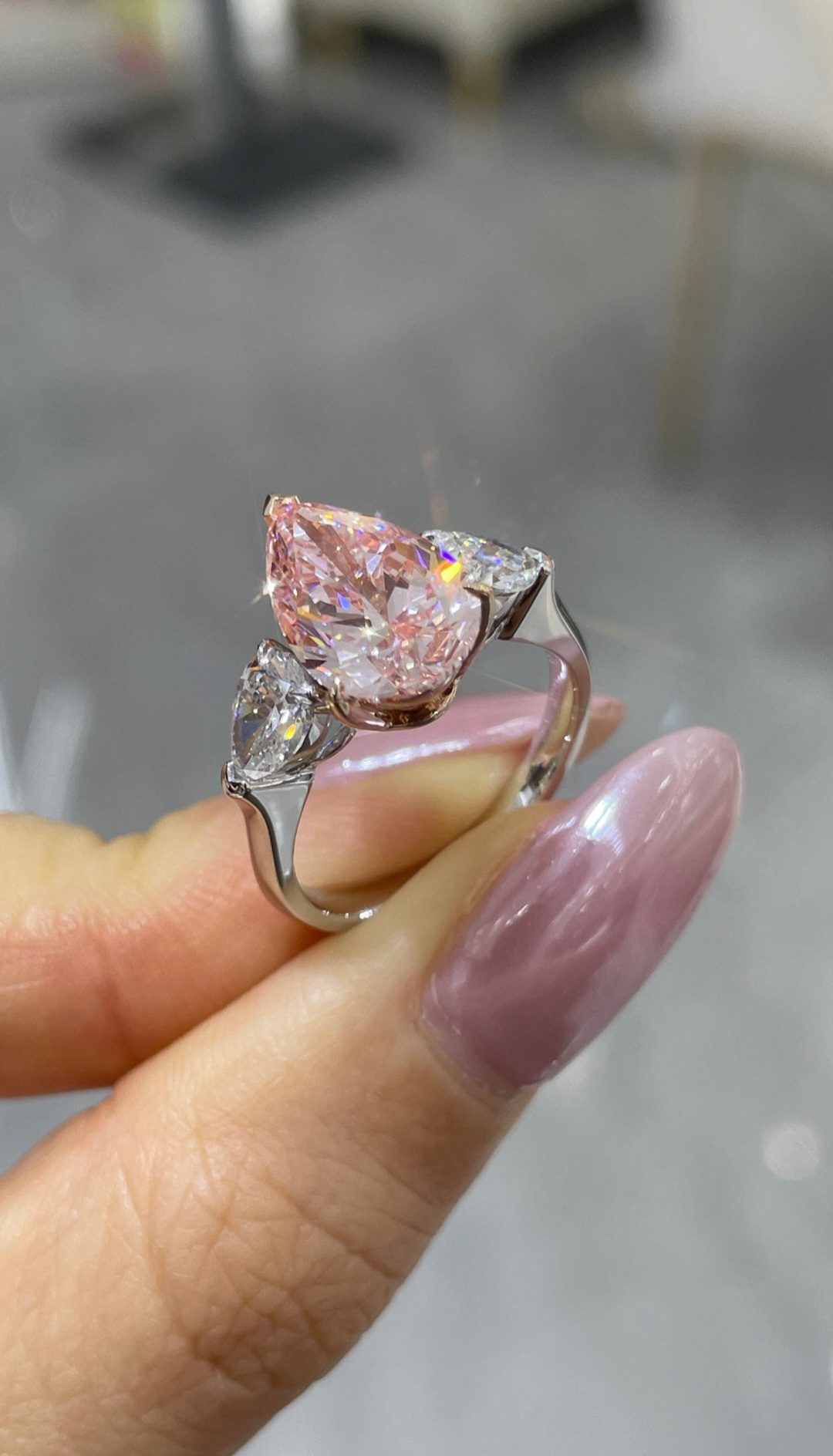 Two-Tone 18K Rose and White Gold Three-Prong Pear Pink Diamond Ring