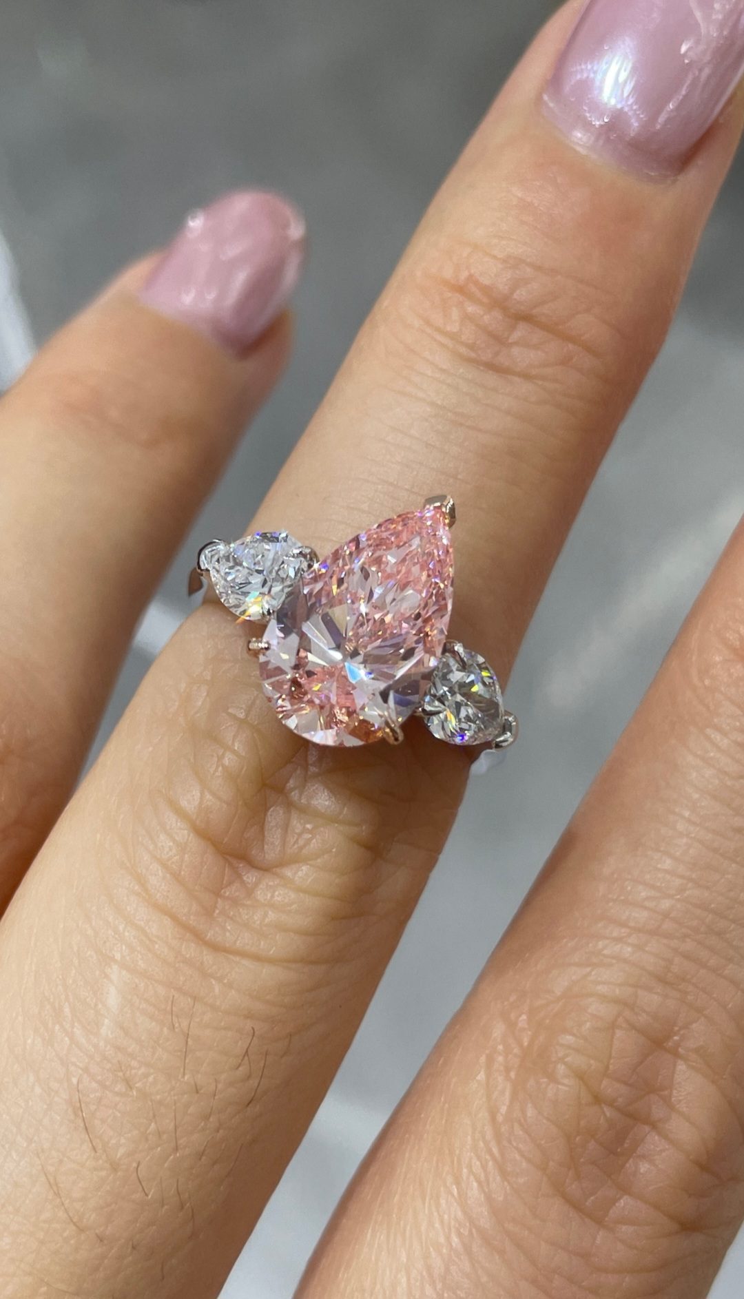 Two-Tone 18K Rose and White Gold Three-Prong Pear Pink Diamond Ring