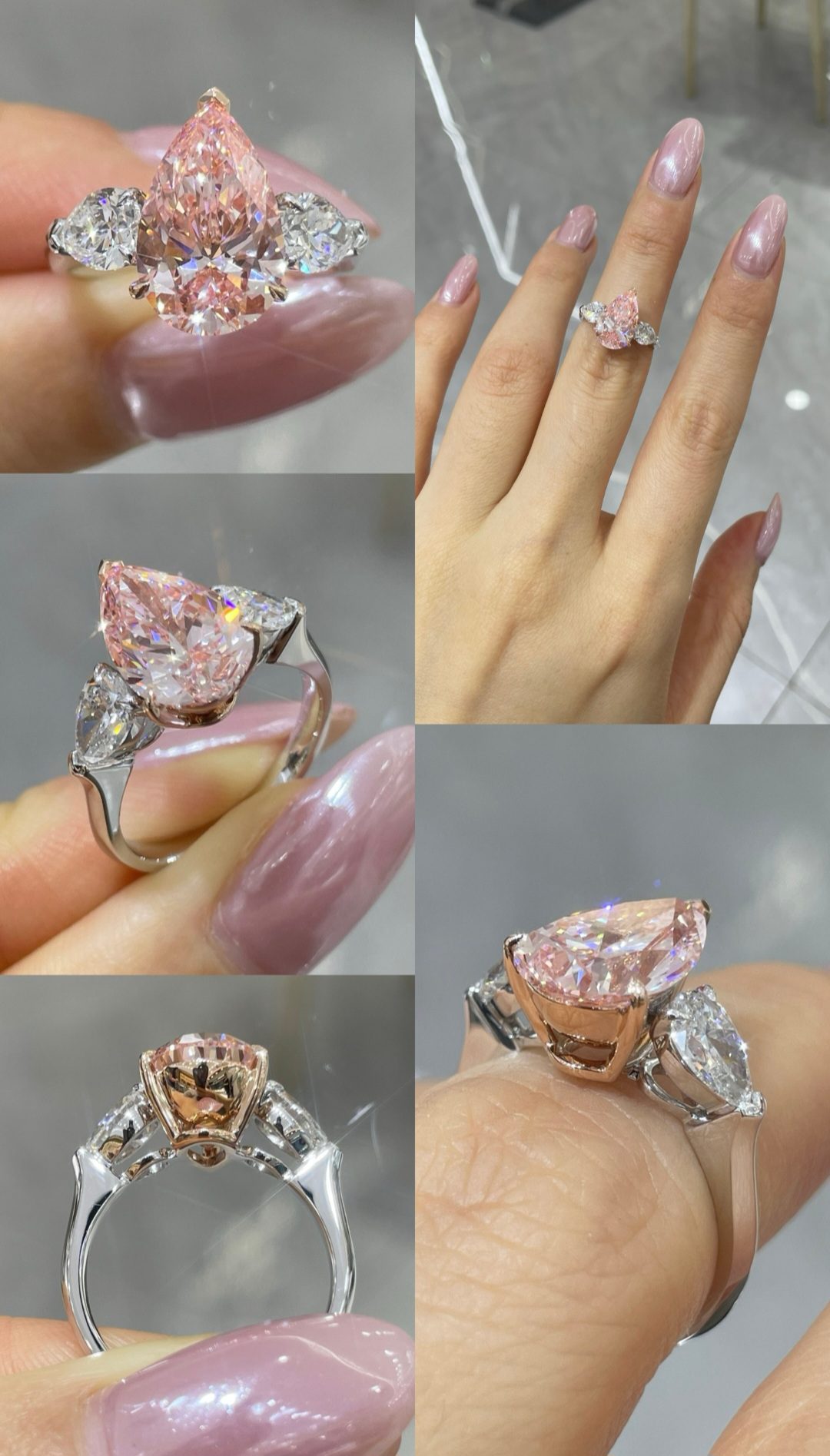 Two-Tone 18K Rose and White Gold Three-Prong Pear Pink Diamond Ring