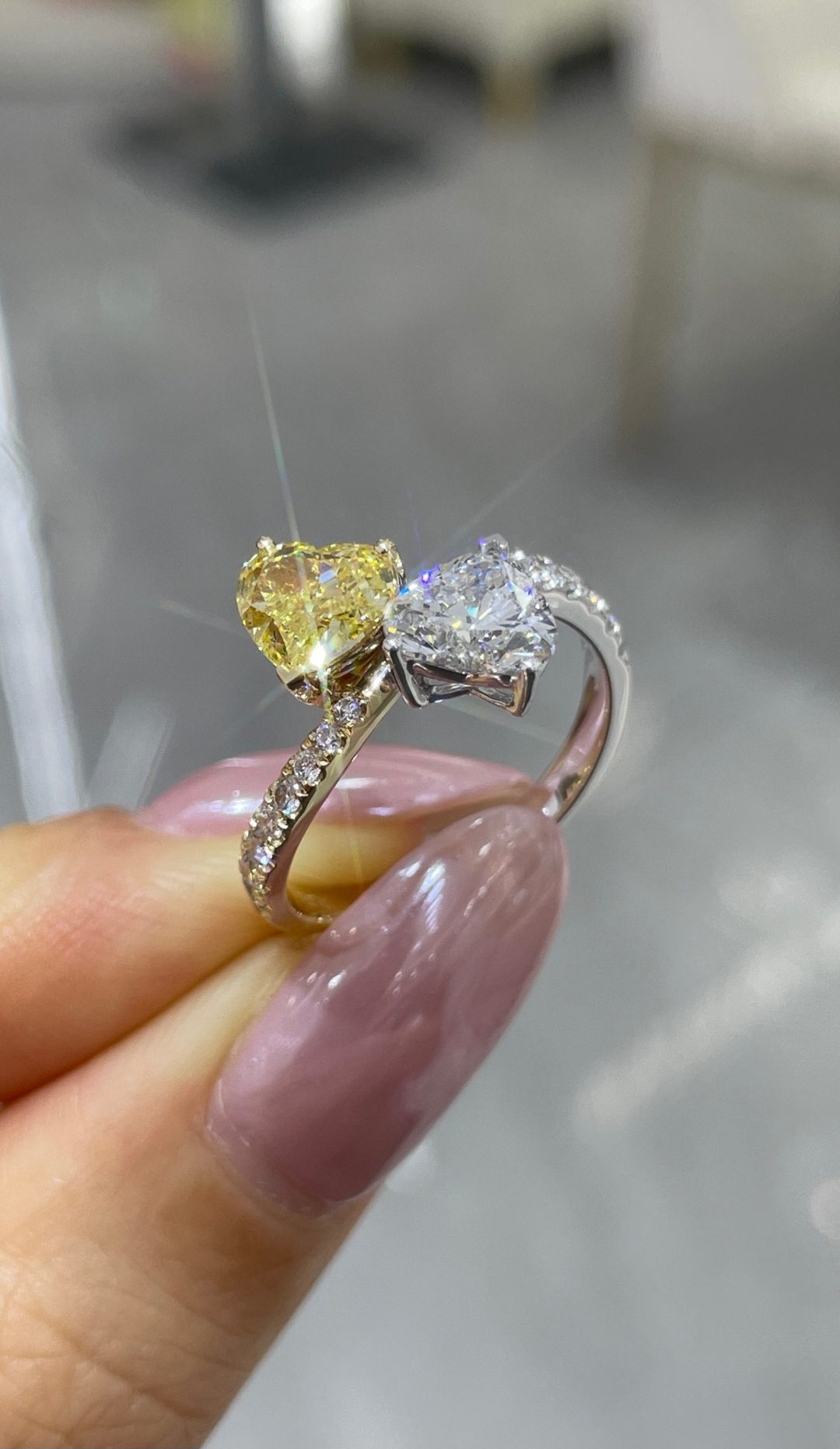 Two-Tone 18K Gold Heart-Cut Yellow and White Diamond Ring