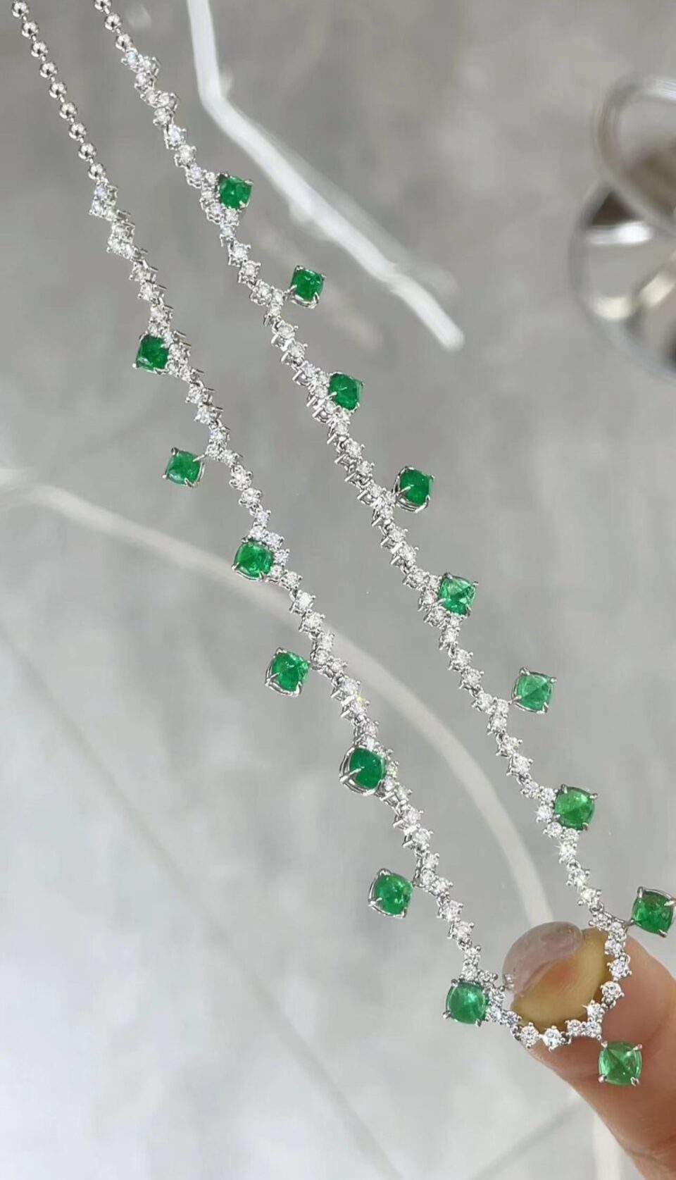18K White Gold Emerald and Diamond Tennis Necklace